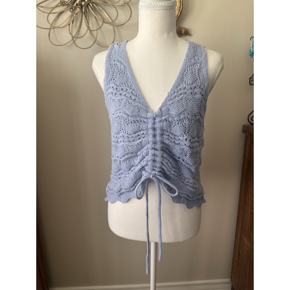 Jessica Simpson M Blue Crochet Knit Ruched Drawstring Tank Top Boho Y2K